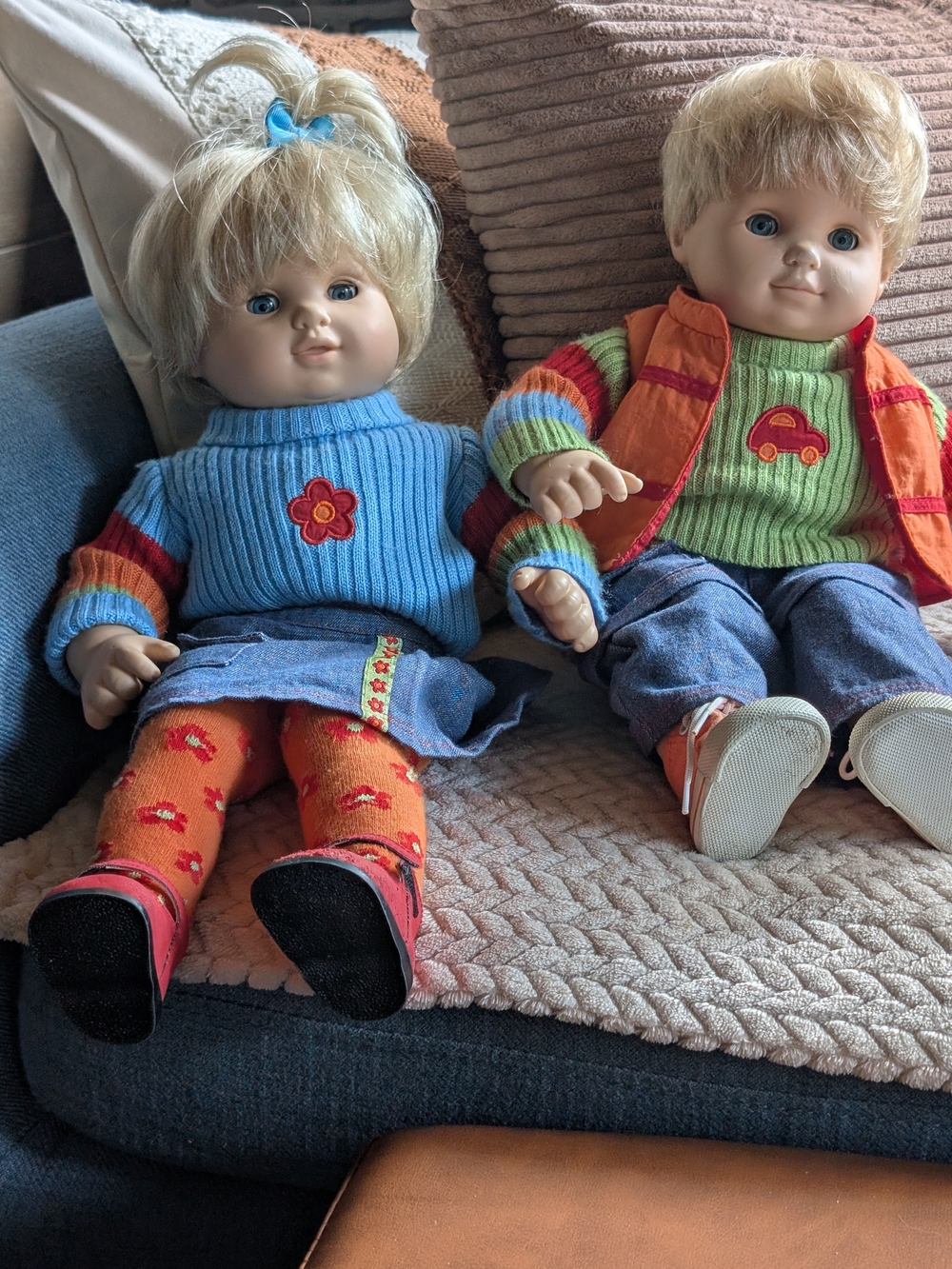 American Girl Blonde Twin Dolls in Blue & Green Knit Outfits